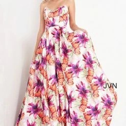 JVN By Jovani Jovani JVN04479 V Neckline Print A Line Prom Dress Evening Gown Floral Print Backless