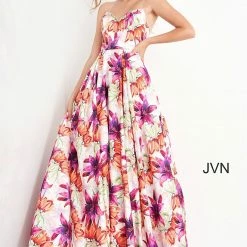 JVN By Jovani Jovani JVN04479 V Neckline Print A Line Prom Dress Evening Gown Floral Print Backless