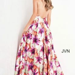 JVN By Jovani Jovani JVN04479 V Neckline Print A Line Prom Dress Evening Gown Floral Print Backless