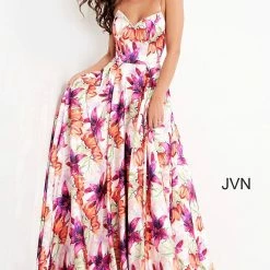 JVN By Jovani Jovani JVN04479 V Neckline Print A Line Prom Dress Evening Gown Floral Print Backless