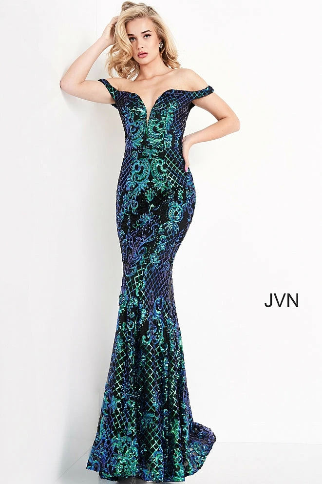 In Stock Jovani JVN04515 Black/ Multi Long Fitted Sequin Prom Dress Off The Shoulder Mermaid Pageant Size 0, 14 5 In Stock Jovani JVN04515 Black/ Multi Long Fitted Sequin Prom Dress Off The Shoulder Mermaid Pageant Size 0, 14
