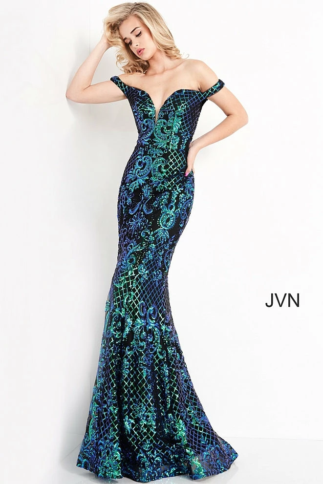 In Stock Jovani JVN04515 Black/ Multi Long Fitted Sequin Prom Dress Off The Shoulder Mermaid Pageant Size 0, 14 3 In Stock Jovani JVN04515 Black/ Multi Long Fitted Sequin Prom Dress Off The Shoulder Mermaid Pageant Size 0, 14
