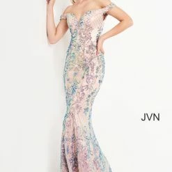 In Stock Jovani JVN04515 Size 8 Ivory Long Fitted Sequin Prom Dress Off The Shoulder Mermaid Pageant Mermaid Dresses