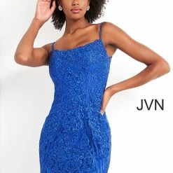 JVN By Jovani Jovani JVN04521 Short Embellished Lace Cocktail Dress Formal Scoop Neck Scallop