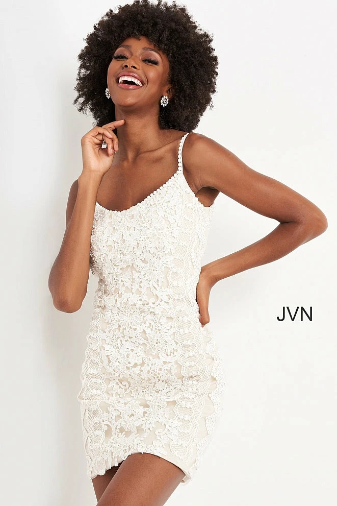 JVN By Jovani Jovani JVN04527 Short Fitted Lace Cocktail Dress Formal Embellished Gown 6 JVN By Jovani Jovani JVN04527 Short Fitted Lace Cocktail Dress Formal Embellished Gown