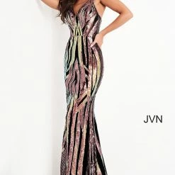 In Stock Jovani JVN04549 Sz 4 Multi Sequins Fitted Prom Dress Geometric Design Pageant Dress
