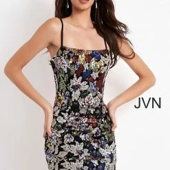 JVN By Jovani Backless Dresses Jovani JVN04552 Short Multi Sequins Short Fitted Cocktail Dress Homecoming Dress