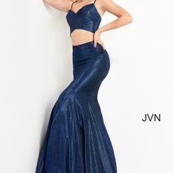 Discontinued Jovani JVN04559 Two Piece Mermaid Prom Dress With Halter Top Glitter Corset Back