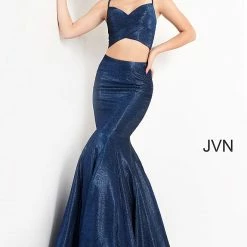 Discontinued Jovani JVN04559 Two Piece Mermaid Prom Dress With Halter Top Glitter Corset Back