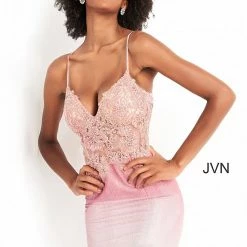 JVN By Jovani Backless Dresses Jovani JVN04564 Short Fitted Sheer Lace Ombre Cocktail Dress Shimmer Corset Back