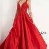 Discontinued Ballgown Dresses Jovani JVN04590 Long A Line Prom Dress Sheer Lace Formal Gown V Neck Pockets