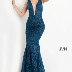JVN By Jovani Jovani JVN04591 Plunging Neckline Lace Mermaid Prom Dress Embellished Evening Gown Corset Dresses