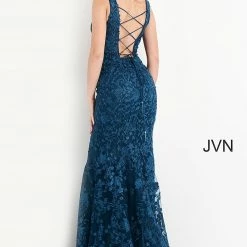 JVN By Jovani Jovani JVN04591 Plunging Neckline Lace Mermaid Prom Dress Embellished Evening Gown Corset Dresses