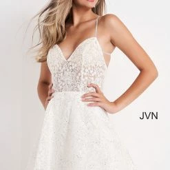 JVN By Jovani Backless Dresses Jovani JVN04709 Embroidered Lace Short Fit And Flare Cocktail Dress Homecoming Dress