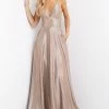 JVN By Jovani JVN04713 Prom Dress V Neckline Metallic Glitter A Line Open Lace Up Back Evening Gown