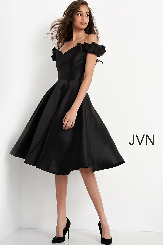JVN By Jovani Jovani JVN04718 Knee Length Mikado Ruffle Cocktail Dress Pockets Short Gown 5 JVN By Jovani Jovani JVN04718 Knee Length Mikado Ruffle Cocktail Dress Pockets Short Gown