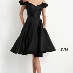 JVN By Jovani Jovani JVN04718 Knee Length Mikado Ruffle Cocktail Dress Pockets Short Gown