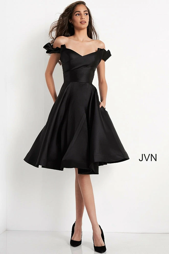 JVN By Jovani Jovani JVN04718 Knee Length Mikado Ruffle Cocktail Dress Pockets Short Gown 3 JVN By Jovani Jovani JVN04718 Knee Length Mikado Ruffle Cocktail Dress Pockets Short Gown