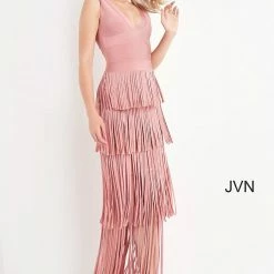 Discontinued Jovani JVN04784 V Neckline Fringe Dress Long Prom Dress Evening Gown Blush Bandage Dress Fringe & Tassels