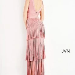 Discontinued Jovani JVN04784 V Neckline Fringe Dress Long Prom Dress Evening Gown Blush Bandage Dress Fringe & Tassels