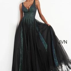 Discontinued Jovani JVN04787 Long Glitter A Line Ballgown Prom Dress Plunging Neckline Ballgown Dresses