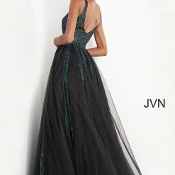 Discontinued Jovani JVN04787 Long Glitter A Line Ballgown Prom Dress Plunging Neckline Ballgown Dresses