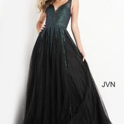 Discontinued Jovani JVN04787 Long Glitter A Line Ballgown Prom Dress Plunging Neckline Ballgown Dresses