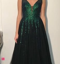 Discontinued Jovani JVN04787 Long Glitter A Line Ballgown Prom Dress Plunging Neckline Ballgown Dresses