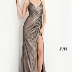 JVN By Jovani Jovani JVN04794 Ruched Iridescent Shimmer Bronze Prom Dress V Neckline Wrap Long Skirt Slit Metallic Dresses