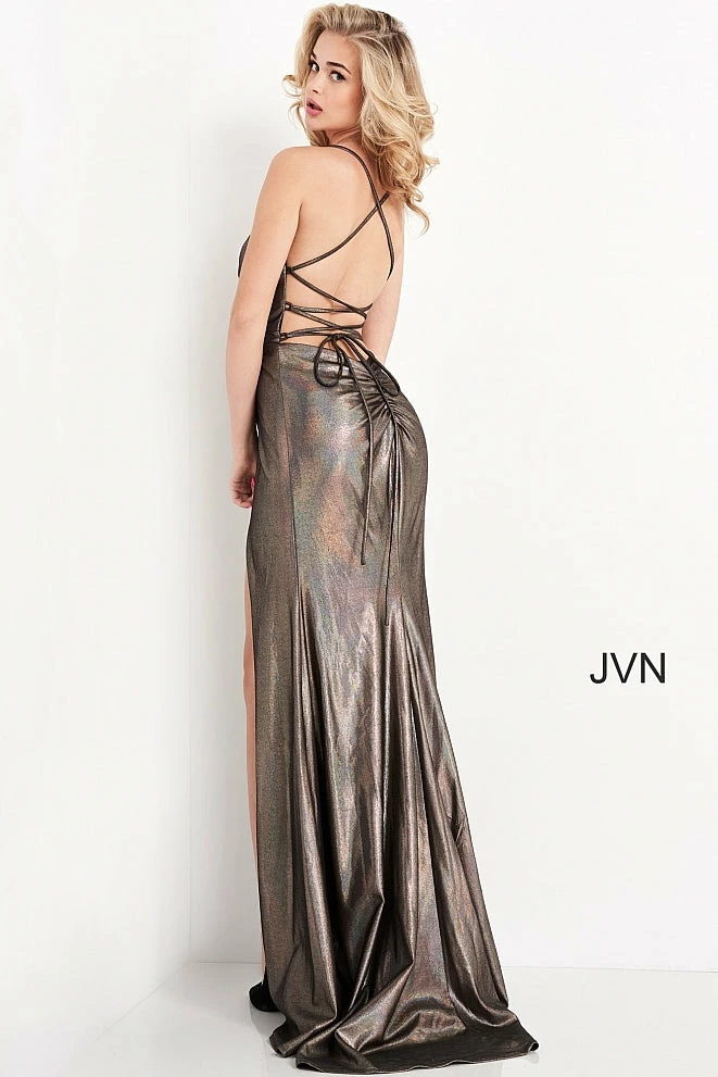 JVN By Jovani Jovani JVN04794 Ruched Iridescent Shimmer Bronze Prom Dress V Neckline Wrap Long Skirt Slit Metallic Dresses 5 JVN By Jovani Jovani JVN04794 Ruched Iridescent Shimmer Bronze Prom Dress V Neckline Wrap Long Skirt Slit Metallic Dresses