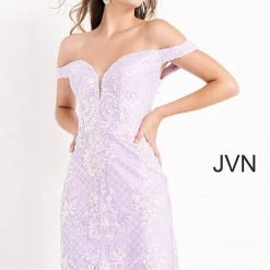 In Stock Jovani JVN05251 Short Fitted Sequin Off The Shoulder Cocktail Dress Size 10 Lilac