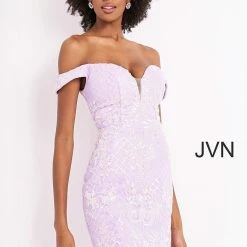 In Stock Jovani JVN05251 Short Fitted Sequin Off The Shoulder Cocktail Dress Size 10 Lilac