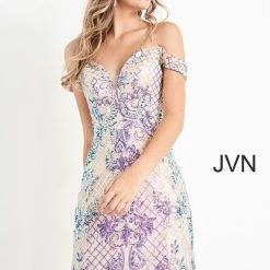 In Stock Jovani JVN05251 Size 2 Black Multi Short Fitted Sequin Off The Shoulder Cocktail Dress JVN 05251