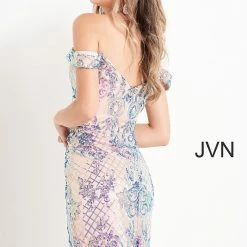 In Stock Jovani JVN05251 Size 2 Black Multi Short Fitted Sequin Off The Shoulder Cocktail Dress JVN 05251