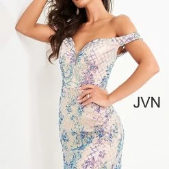 In Stock Jovani JVN05251 Short Fitted Sequin Off The Shoulder Cocktail Dress Size 10 Lilac