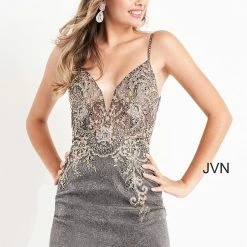 JVN By Jovani Backless Dresses Jovani JVN05412 Short Fitted Sheer Lace V Neck Cocktail Dress Backless Shimmer