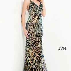 JVN By Jovani Sequin Dresses Jovani JVN05758 V Neckline Sequin Fitted Prom Dress Evening Gown Backless Corset Tie