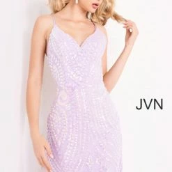 In Stock Backless Dresses Jovani JVN05759 Size 0 Short Fitted Sequin V Neck Cocktail Dress Formal Lilac Gown