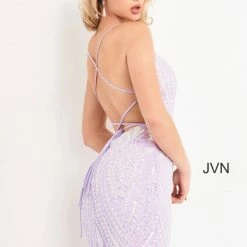 JVN By Jovani Sequin Dresses Jovani JVN05759 Short Fitted Sequin V Neck Cocktail Dress Formal Lilac Gown