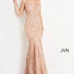 JVN By Jovani Jovani JVN05788 Sheer Corset Bodice Mermaid Prom Dress Plunging V Neckline Pageant Gown Mermaid Dresses