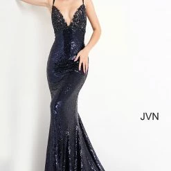 In Stock Jovani JVN05803 Navy Prom Dress Long Fitted Sequin Prom V Neck Evening Gown Size 8 Backless Dresses