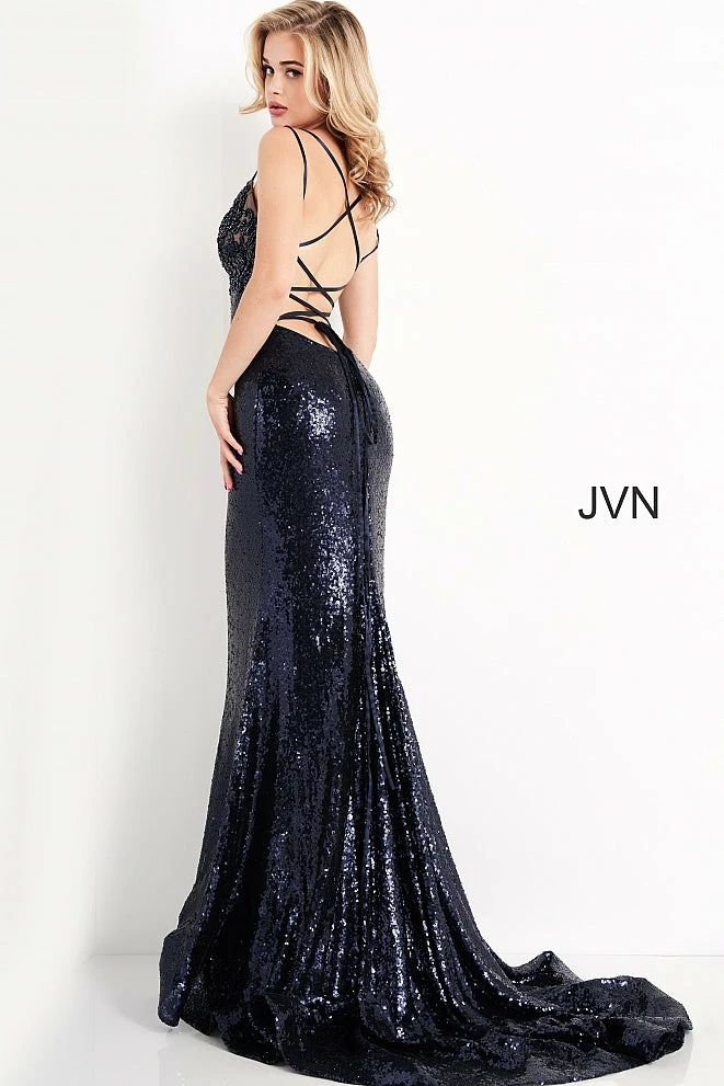 JVN By Jovani Jovani JVN05803 Long Fitted Navy Sequin Prom Dress V Neck Evening Gown Backless Dresses 5 JVN By Jovani Jovani JVN05803 Long Fitted Navy Sequin Prom Dress V Neck Evening Gown Backless Dresses