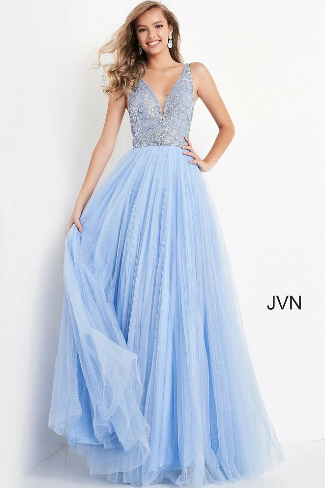 JVN By Jovani Jovani JVN05818 Long A Line Glitter Tulle Sheer V Neck Prom Dress Backless Embellished 3 JVN By Jovani Jovani JVN05818 Long A Line Glitter Tulle Sheer V Neck Prom Dress Backless Embellished