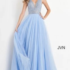 In Stock Ballgown Dresses Jovani JVN05818 Fuchsia Prom Dress Long A Line Glitter Tulle Sheer V Neck Backless Embellished Size 8