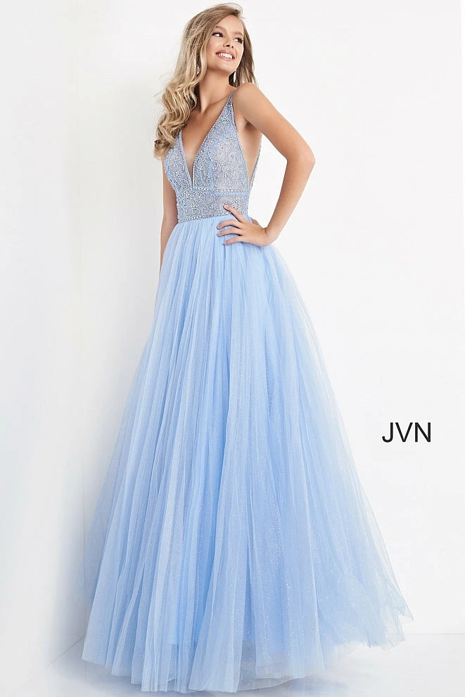 JVN By Jovani Jovani JVN05818 Long A Line Glitter Tulle Sheer V Neck Prom Dress Backless Embellished 6 JVN By Jovani Jovani JVN05818 Long A Line Glitter Tulle Sheer V Neck Prom Dress Backless Embellished