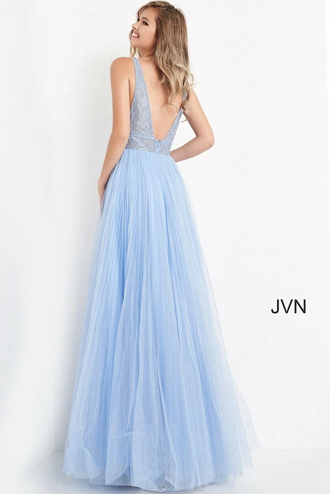 JVN By Jovani Jovani JVN05818 Long A Line Glitter Tulle Sheer V Neck Prom Dress Backless Embellished 9 JVN By Jovani Jovani JVN05818 Long A Line Glitter Tulle Sheer V Neck Prom Dress Backless Embellished
