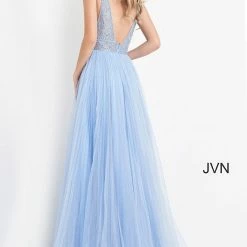 In Stock Ballgown Dresses Jovani JVN05818 Fuchsia Prom Dress Long A Line Glitter Tulle Sheer V Neck Backless Embellished Size 8