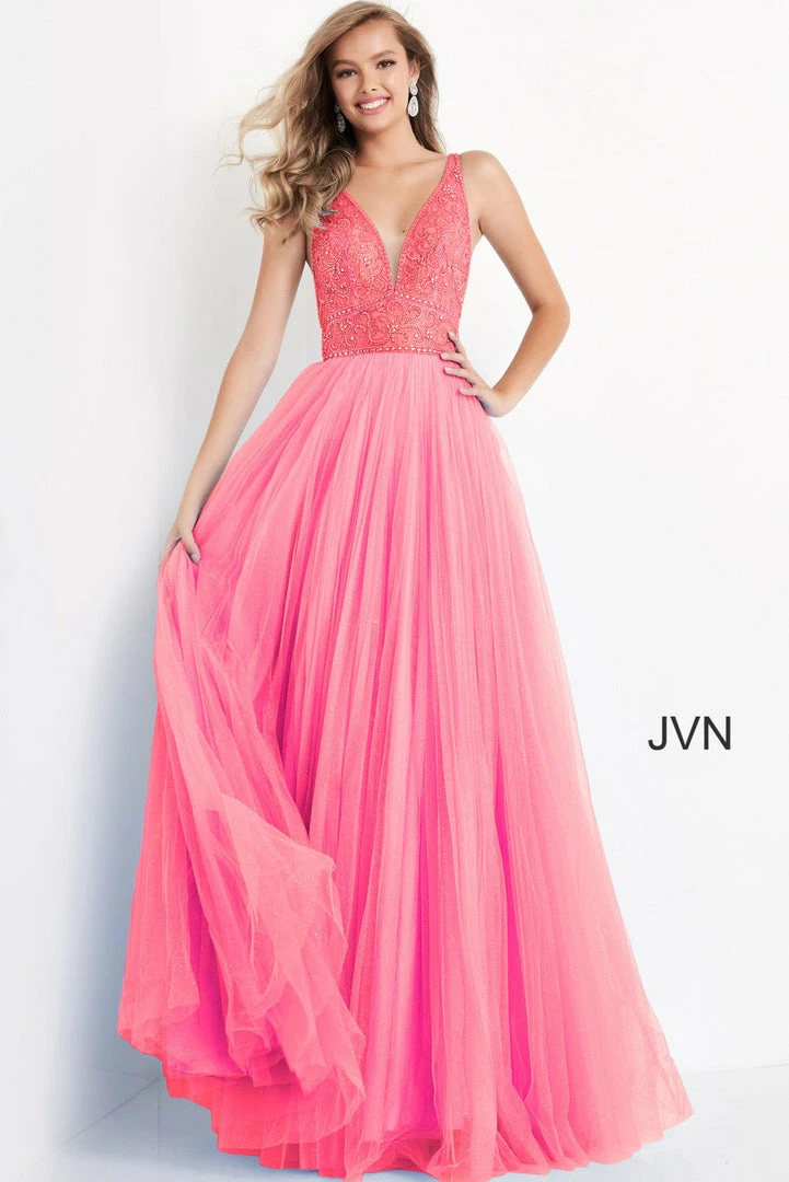JVN By Jovani Jovani JVN05818 Long A Line Glitter Tulle Sheer V Neck Prom Dress Backless Embellished 5 JVN By Jovani Jovani JVN05818 Long A Line Glitter Tulle Sheer V Neck Prom Dress Backless Embellished