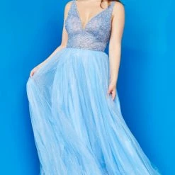 In Stock Ballgown Dresses Jovani JVN05818 Fuchsia Prom Dress Long A Line Glitter Tulle Sheer V Neck Backless Embellished Size 8