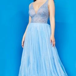 In Stock Ballgown Dresses Jovani JVN05818 Fuchsia Prom Dress Long A Line Glitter Tulle Sheer V Neck Backless Embellished Size 8